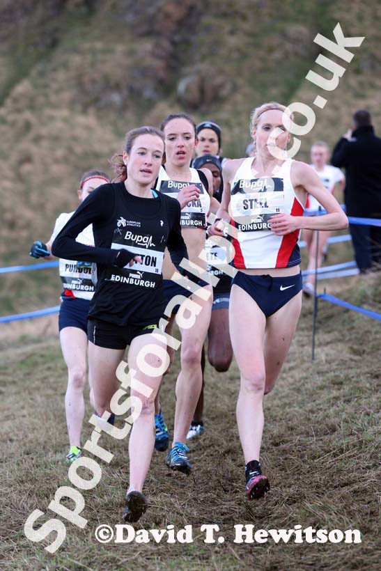 Fionnuala Britton and Gemma Steel lead the senior womens 6k BUPA Great Edinburgh Cross Country. Photo: David T. Hewitson/Sports for All Pics